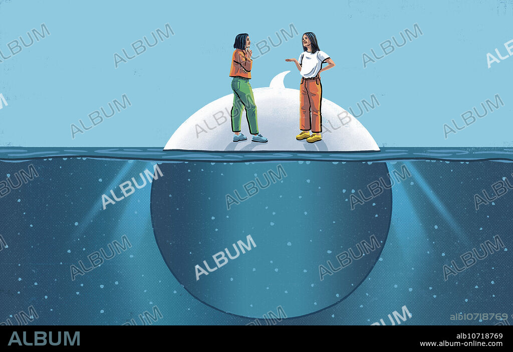 Two women talking on top of submerged speech bubble.