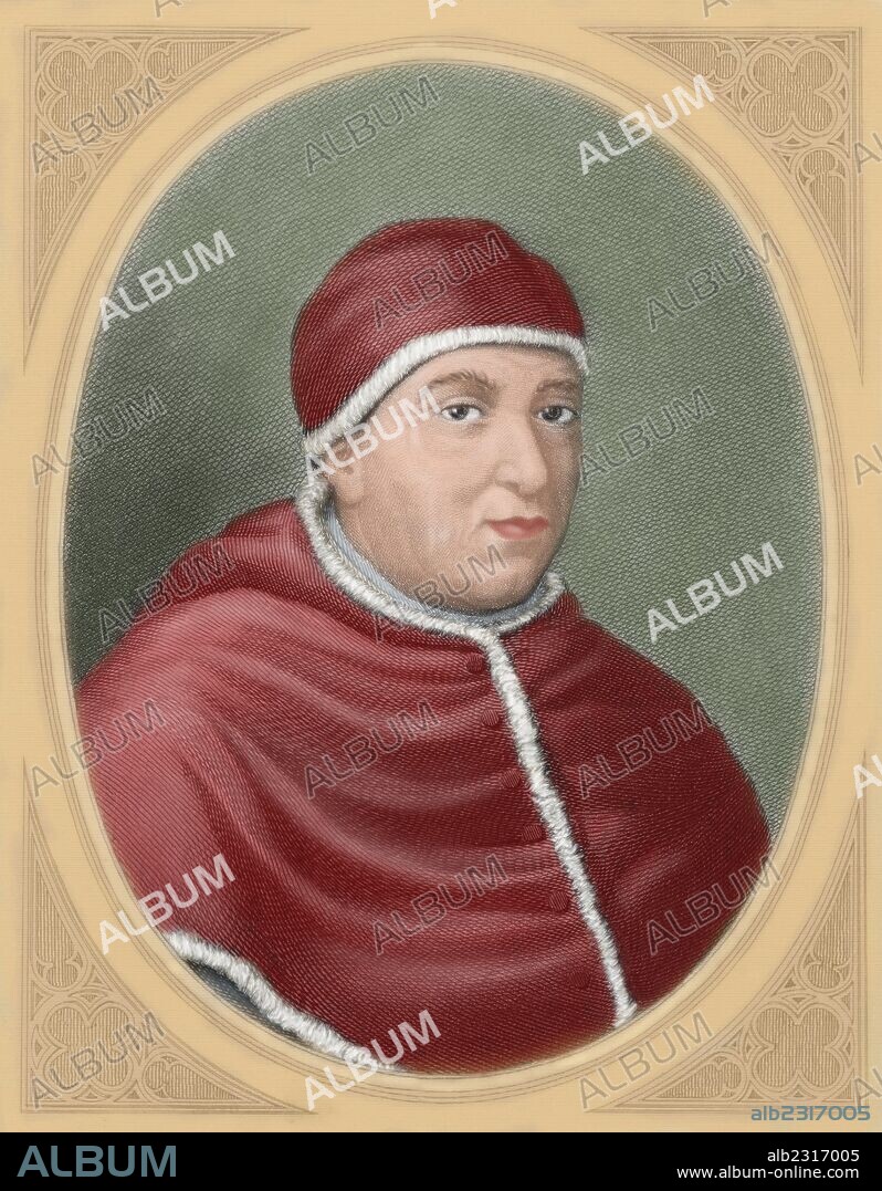LEON X (Florencia, 1475-Roma, 1521). Papa florentino (1513-21), de nombre Giovanni de Medici. Hijo de Lorenzo el Magnífico y promovido al cardenalato (1489). Fue hecho prisionero por los franceses (1511). Prosiguió las tareas del V concilio de Letrán. Grabado de L. Roca, "La Revolución Religiosa", 1880. Coloreado.