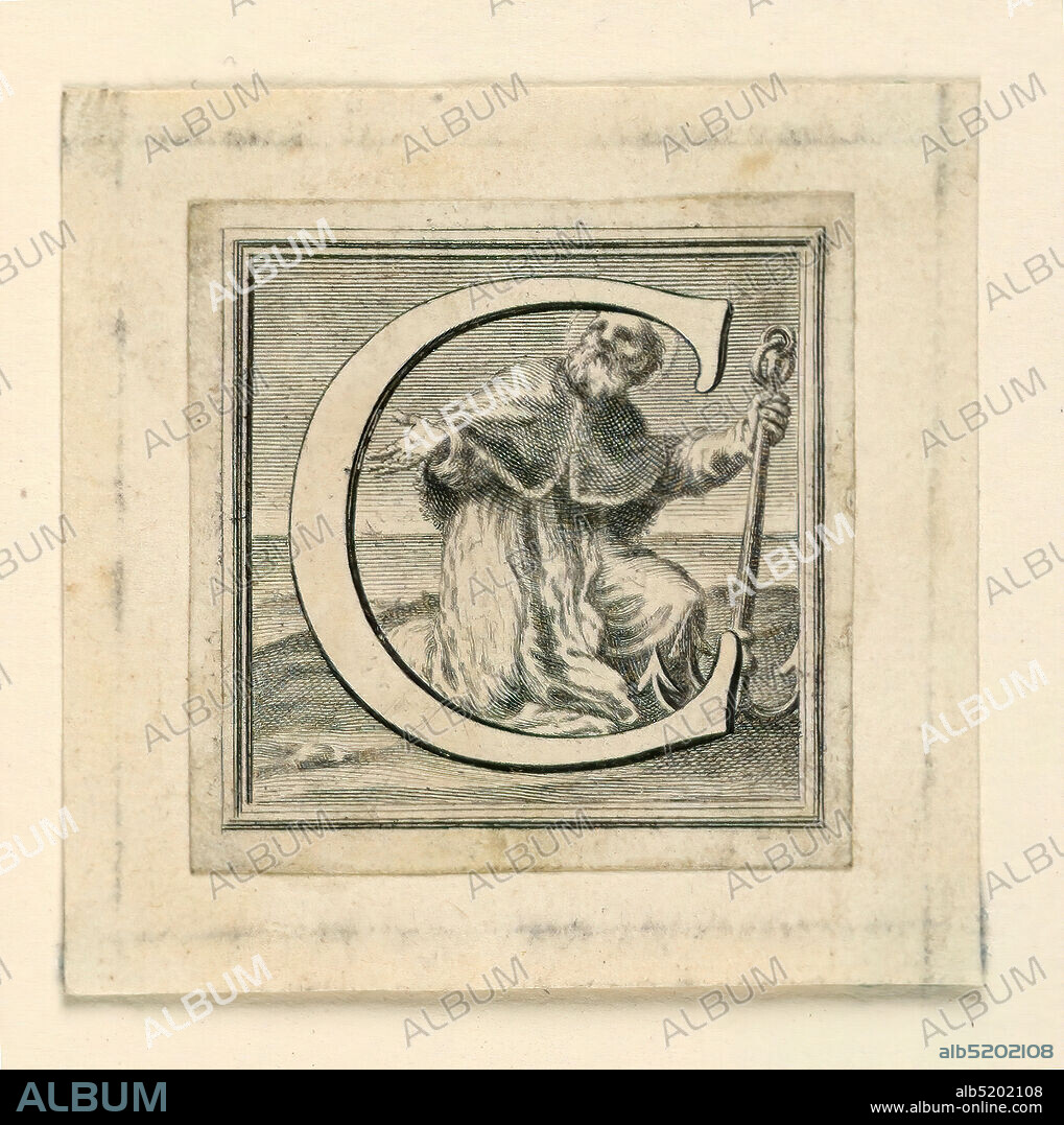 Decorated Capital Letter C, Jakob Frey, Swiss, active Italy, 1681 - 1752, Giovanni Passari, Italian, Engraving on paper, Letter 'C' before the kneeling Pope St. Clement, with the anchor., Rome, Italy, ca. 1715, ephemera, Engraving, Engraving.