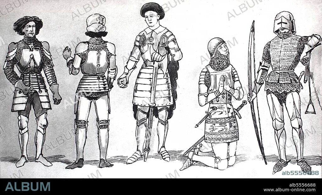 Clothing, fashion, knightly costumes in the late Middle Ages, from left, Burgundian armour with plate armour over chain mail and beret, c. 1450, a Burgundian suit of armour c. 1425, an English suit of armour in the 15th century, an English suit of armour with chain mail, chain bonnet and over splints, in the 14th century, a French mounted and armoured archer, digitally enhanced reproduction of a 19th century illustration