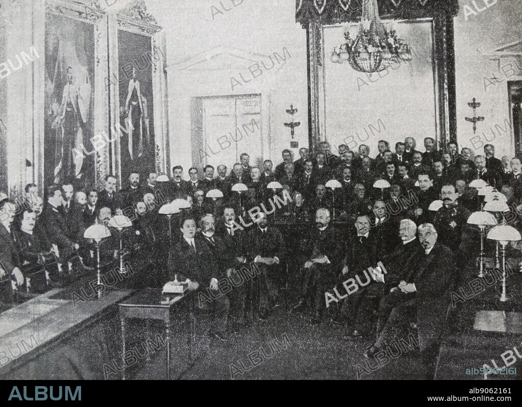The provisional government of Russia 1917. (seated from left to right): A.I. Konovalov, A.I. Guchkov, N.V. Nekrasov, A.I. Shingarev, G.E. Lvov, I.V. Godnev, M.I. Tereshchenko, P.N. Miliukov, A.A. Manuylov. Worth, A.F. Kerensky.