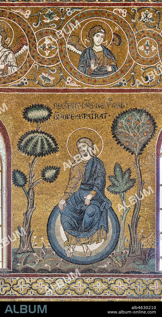 Monreale, Duomo: "The Creator's Rest on the Seventh Day", Old Testament Cycle - Creation, byzantine mosaic, XII - XIII sec.. Latin inscription: "REQUIEVIT DOMINUS DIE SEPTIMO AB OMNI OPERE QUOD PATRARAT".