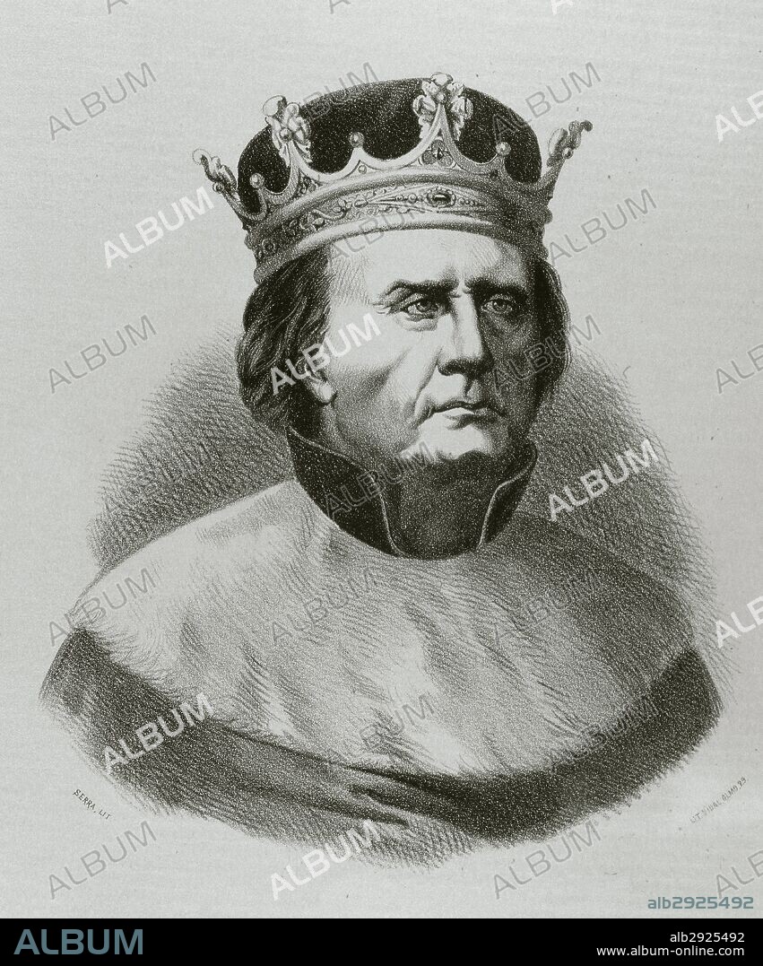 PEDRO IV DE ARAGON Y III DE CATALUÑA, llamado "El Ceremonioso" (Balaguer,1319-Barcelona,1387). Rey de la Corona de Aragón (1336-1387), hijo de Alfonso el Benigno y Teresa de Entença. Bajo su reinado se amplió la política exterior, conquistando Mallorca (1343), Rosellón (1314) y una política de Alianza con Venecia con respecto al tema de Cerdeña. Grabado de "Historia de España Ilustrada", del siglo XIX.