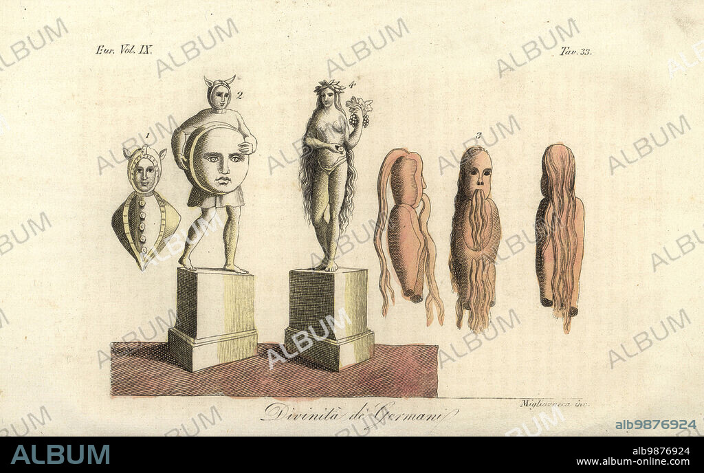Ancient Germanic deities. Statue of the sun god Sunna 1, moon god Mani 2, witches, magas mulieres or Haliurunna 3, goddess of fertility Ziwa or Siva 4. Divinita di Germani. Handcoloured copperplate engraving by Migliavacca from Giulio Ferrarios Costumes Ancient and Modern of the Peoples of the World, Il Costume Antico e Moderno, Florence, 1837.
