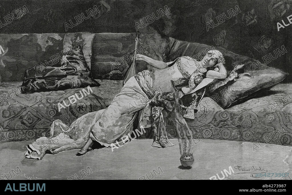 TOMáS CARLOS CAPUZ (1834-1899). SPANISH ENGRAVER.. En el Harem. Dibujo original de Francisco Peralta. Grabado por Capuz. La Ilustración Española y Americana, 8 de enero de 1882.