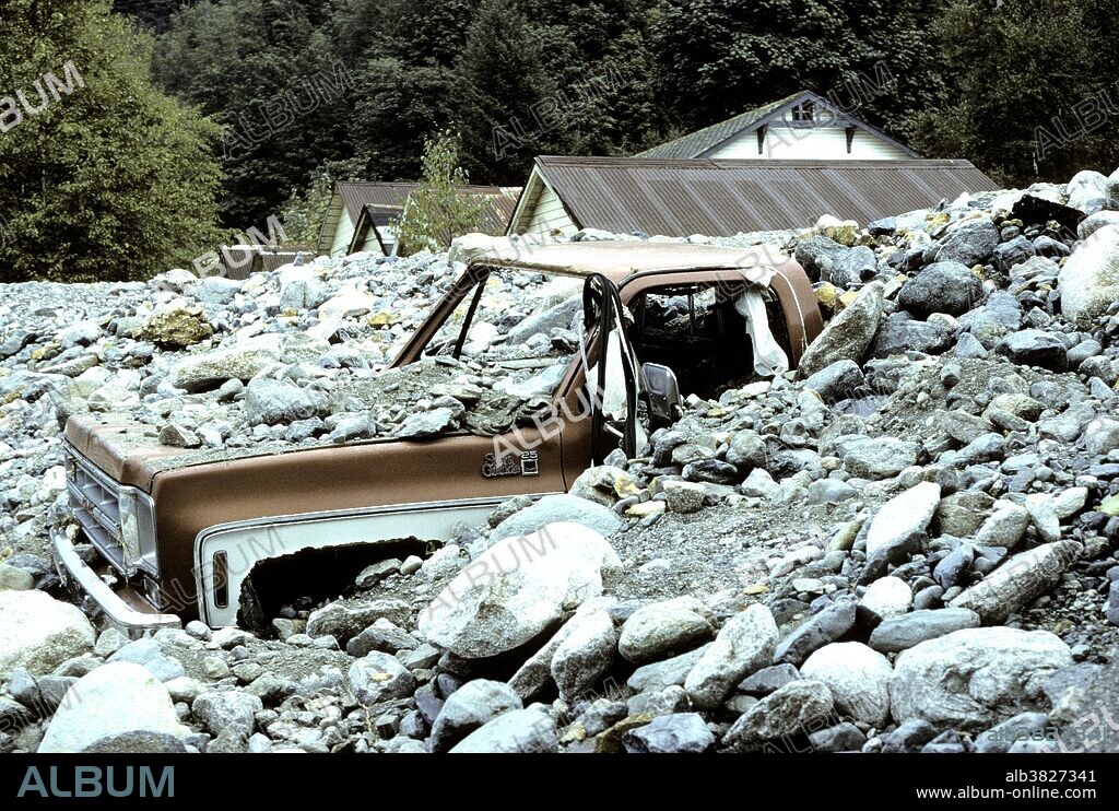 Property damage from debris torrent caused by a flood in 1991. Britannia Beach, near Vancouver, British Columbia, Canada.