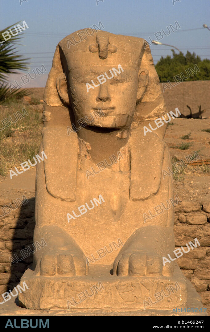 ARTE EGIPCIO. EGIPTO. TEMPLO DE LUXOR. AVENIDA DE LAS ESFINGES criocéfalas. El Templo de Luxor estaba unido al de Karnak por un largo "dromos" flanqueado por esfinges. Imperio Nuevo. Detalle de una de las esfinges. Antigua Tebas "Waset".