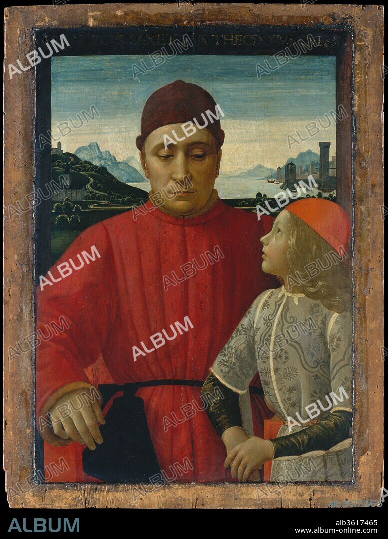 Francesco Sassetti (1421-1490) and His Son Teodoro. Artist: Domenico Ghirlandaio (Domenico Bigordi) (Italian, Florence 1448/49-1494 Florence). Dimensions: Overall 33 1/4 x 25 1/8 in. (84.5 x 63.8 cm); painted surface 29 7/8 x 20 7/8 in. (75.9 x 53 cm). Date: ca. 1488.
This dynastic portrait shows the Florentine banker Francesco Sassetti (1421-1490) and his young son Teodoro, born in 1479. Teodoro was named after his elder brother, who died that same year. Sassetti managed the Medici banks in Avignon, Geneva, and Lyons and was an advisor to Piero de' Medici and Lorenzo the Magnificent. The combination of full face and profile gives the picture a decidedly formal quality, in keeping with its function as a commemoration of a loss and regeneration. The background shows an oratory built by Sassetti in Geneva. The head and figure of Sassetti are much repainted.