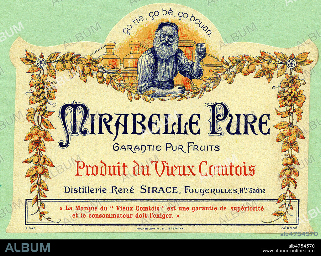 Etiquette d'eau-de-vie a la mirabelle, vers 1920. Illustration anonyme. Credit : Collection IM/KHARBINE-TAPABOR.