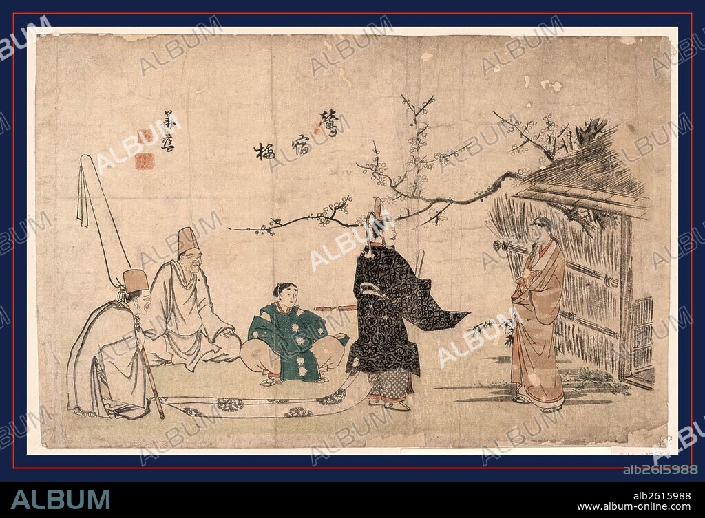 Oshukubai, Heian period tale of the nightingale in the plum tree., Kitao, Shigemasa, 1739-1820, artist, [1795 or 1796], 1 print : woodcut, color ; 24.7 x 37.4 cm., Print shows a royal official wearing a long robe, with three attendants, standing before a plainly dressed woman outside a humble building through which a plum tree is growing. The official may be demanding that the plum tree, in which the nightingale sings, be moved to the emperor's garden.