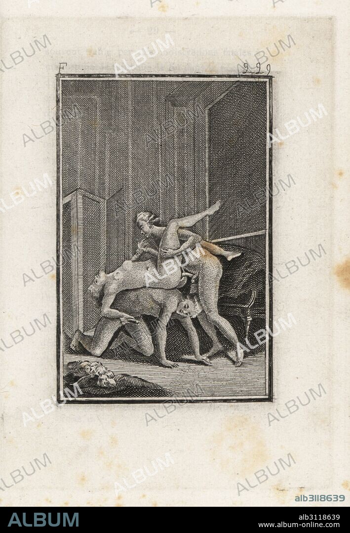 Sexual escapade with two gentlemen and lady in a parlor, 18th century. Woodblock engraving from John Cleland's Fanny Hill, Amsterdam & Paris, 1880s. After the original erotic illustrations by Antoine Borel, circa 1748.