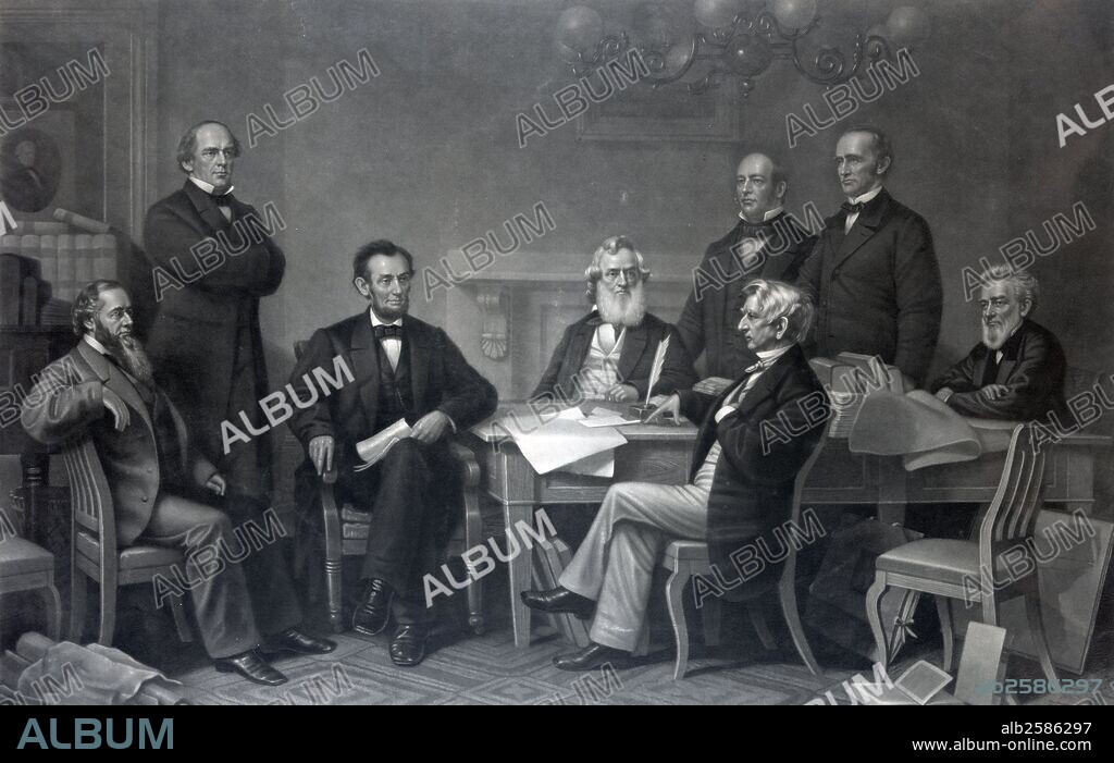 The first reading of the Emancipation Proclamation before the cabinet' Re-enactment of Abraham Lincoln signing the Emancipation Proclamation on July 22, 1862. Depicted, from left to right are: Edwin M. Stanton, Secretary of War, Salmon P. Chase, Secretary of the Treasury, President Lincoln, Gideon Welles, Secretary of the Navy, Caleb B. Smith, Secretary of the Interior, William H. Seward, Secretary of State, Montgomery Blair, Postmaster General, and Edward Bates, Attorney General.