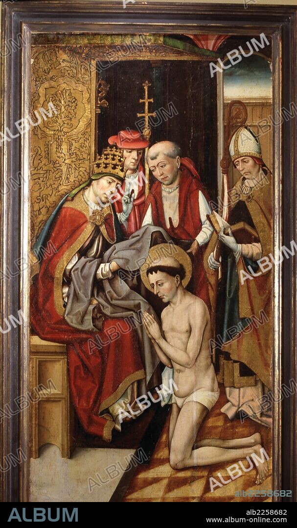 FRANCISCO DE ASIS, SAN. RELIGIOSO ITALIANO. 1182-1226. FUNDADOR DE LA ORDEN FRANCISCANA. " SAN FRANCISCO INVESTIDO CON EL HABITO POR EL PAPA INOCENCIO III ". OLEO SOBRE TABLA. MAESTRO DEL PORTILLO, 1500-10. CONVENTO DE SANTA CLARA. TORDESILLAS. PATRIMONIO NACIONAL.