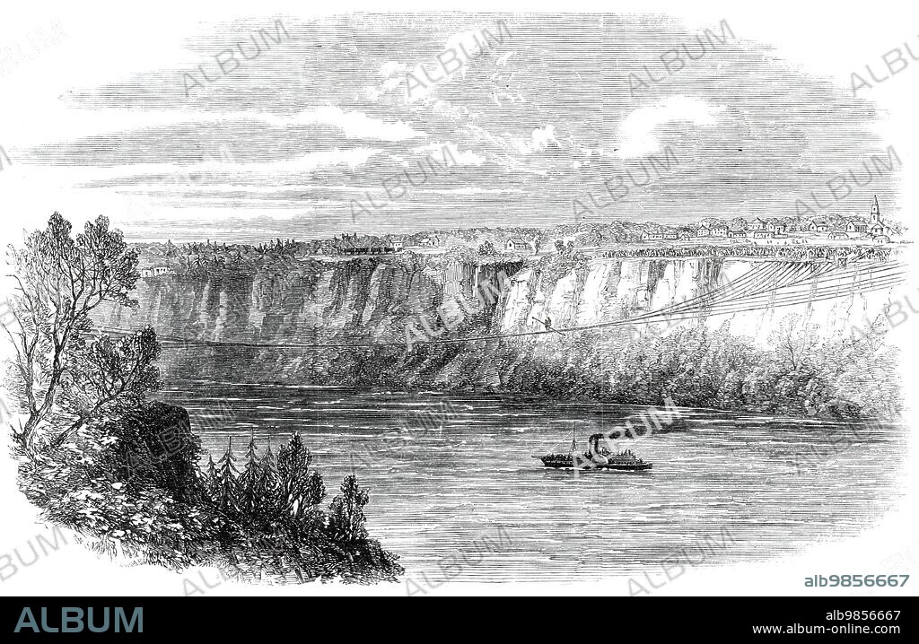 Farina [sic], with a man on his back, crossing the Niagara on a tightrope - from a sketch taken by the late master H. Ingram, from Clifton House balcony, August 29, 1860. '...Mr. Mullin having been strapped on his back, [Farini] took his balancing-pole and started; but only went a few feet, for the tackling of the rider was out of order, and they had to return. Things were soon put to rights, and off they went, cautiously, and apparently unsteady; but they reached the first parallel guy, where the rider dismounted. Both sat down on the rope, a slight cheer was given, and Mullin taking off his cap waved it in the air. Another start was made, and they went on, until, reaching near the centre of the rope, they sat down again. Mullin calmly surveyed the scene, took off his cap again, and, taking a steady view of the Falls, appeared to be quite unconcerned. Farini, meantime, motioned for the little steamer Maid of the Mist to come nearer the rope, when he suspended himself by his arms and turned a somersault. They sat together after this for some time, chatting away, and pointing first at one object and then another. The rider mounting again, they turned back to the American shore, and, after a tedious journey, reached it in safety'. From "Illustrated London News", 1860.