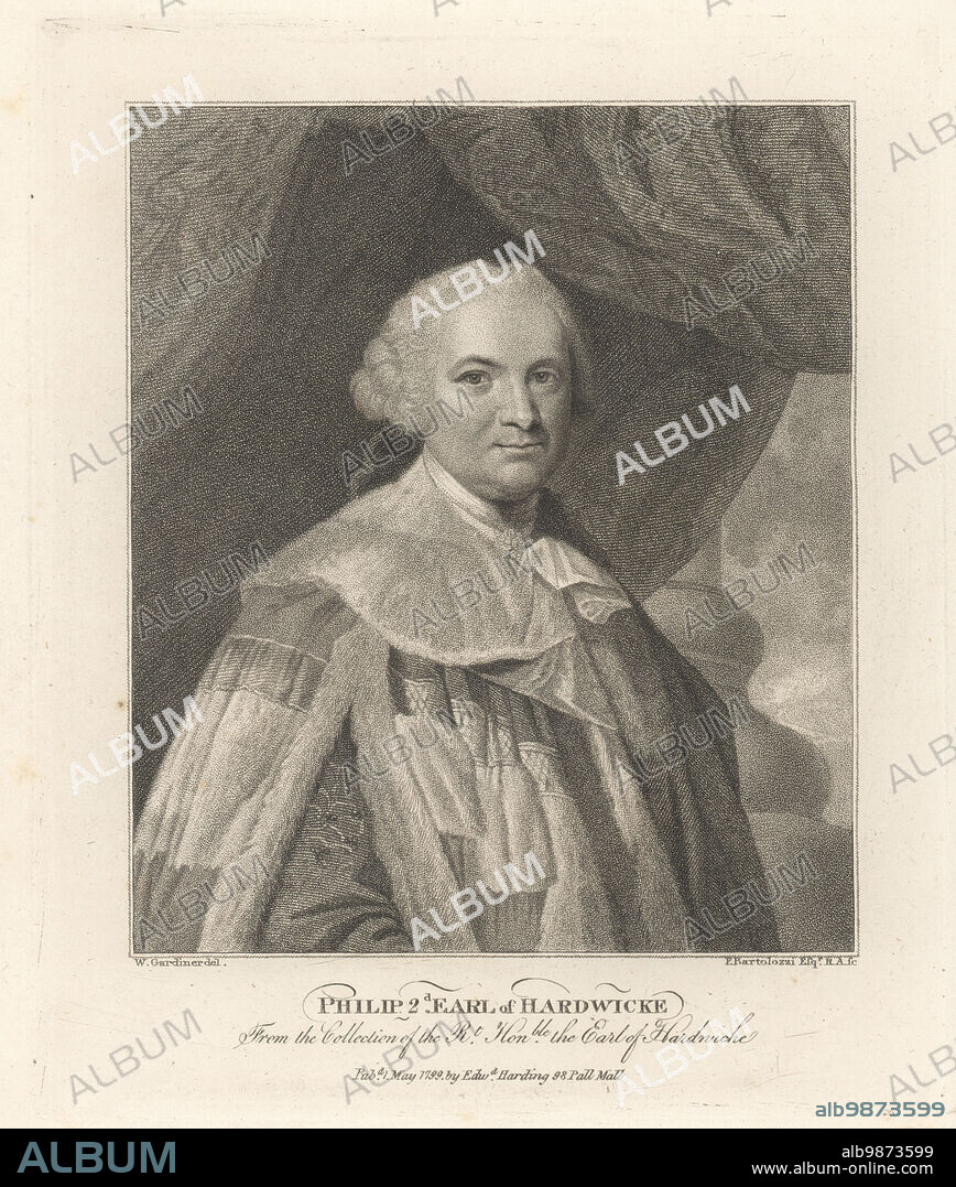 Philip Yorke, 2nd Earl Hardwicke, 1720-1790. Classical scholar and historian. In the parliamentary ceremonial robes of an earl. Philip, 2nd Earl of Hardwicke. Copperplate engraving by Francesco Bartolozzi after William Nelson Gardiner from John Adolphus The British Cabinet, containing Portraits of Illustrious Personages, printed by T. Bensley for E. Harding, 98 Pall Mall, London, 1800.
