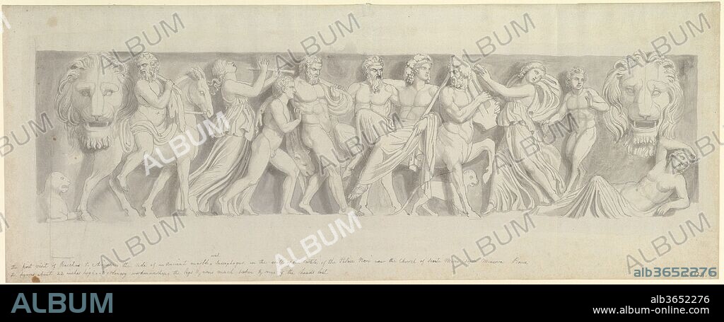 Design for a Frieze, after a Roman Sarcophagus: The First Visit of Bacchus to Ariadne. Artist: John Flaxman (British, York 1755-1826 London). Dimensions: 9-13/16 x 25-3/8 in.  (24.9 x 64.4 cm). Date: late 18th-early 19th century.