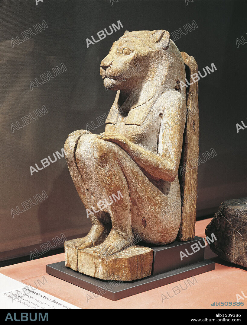 Egyptian civilization, Late Period. Wood statue of the lioness goddess Sekhmet (664-332 b.C.), h. 26.80 cm.