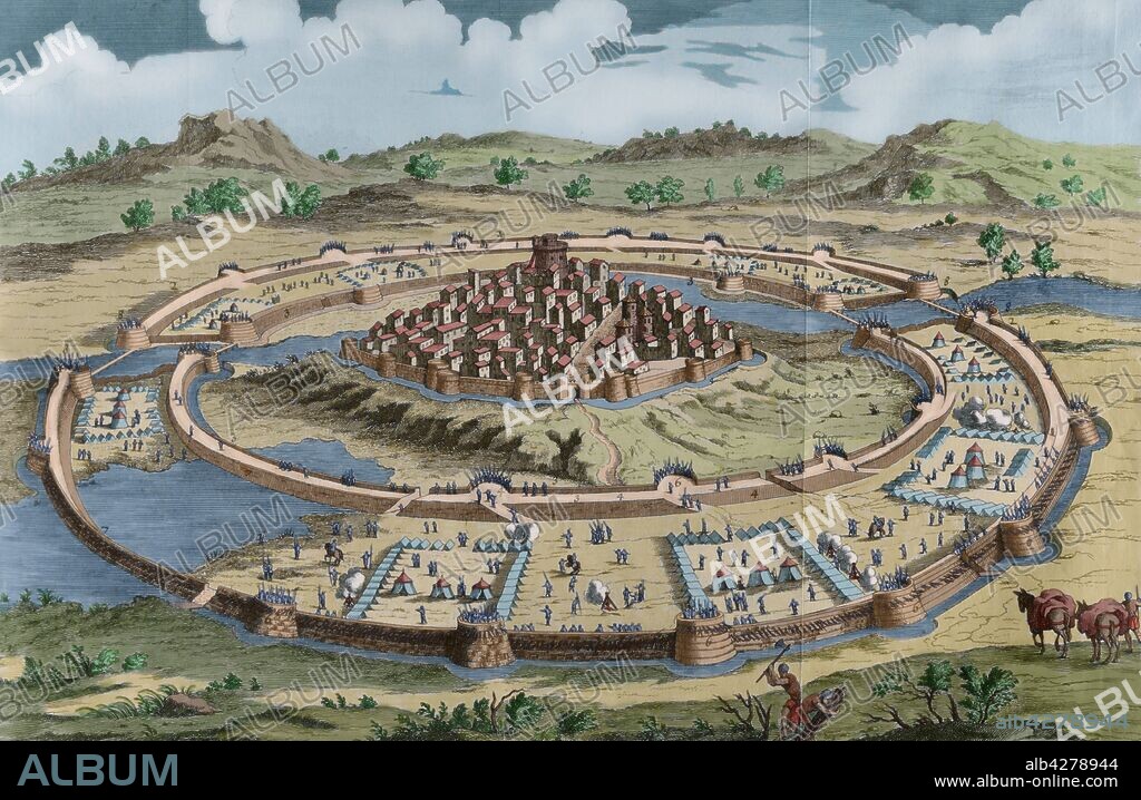 Guerra Numantina, Hispania. 154-133 a. C. Entre la República Romana y las tribus Celtíberas. Asedio de Numancia. Grabado coloreado. Historia de Polibio. Tomo II. Edición francesa traducida del griego por Dom Vincent Thuillier. Comentarios o textos de ciencia militar enriquecidos con notas críticas e históricas por M. de Folard. París, chez Pierre Gandouin, Julien-Michel Gandouin, Pierre-François Giffart y Nicolas-Pierre Armand,1727. Imprenta de Jean-Baptiste Lamesle.