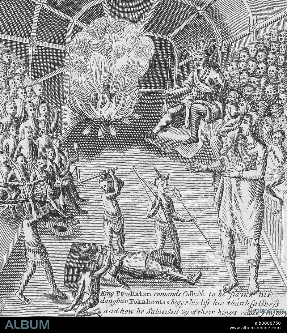 Pocahontas pleading for the life of colonist Captain John Smith, after her father Chief Powhatan commands him to be flayed. In December 1607, while seeking food along the Chickahominy River, Smith was captured and taken to meet the chief of the Powhatans. Although he feared for his life, he was eventually released without harm and later attributed this in part to the chief's daughter, Pocahontas, who according to Smith, threw herself across his body, "at the minute of my execution, she hazarded the beating out of her own brains to save mine; and not only that, but so prevailed with her father, that I was safely conducted to Jamestown." Captain John Smith (January 1580 - June 21, 1631) Admiral of New England was an English soldier, explorer, and author. He was considered to have played a important part in the establishment of the first permanent English settlement in North America. He was a leader of the Virginia Colony between September 1608 and August 1609, and led an exploration along the rivers of Virginia and the Chesapeake Bay. He gave the name New England to that region and encouraged people to migrate. He died in the year 1631 in London at the age of 51.