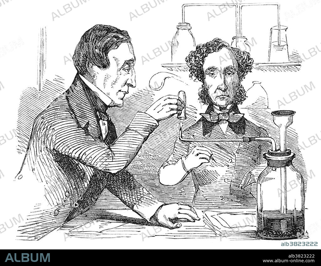 Performing the Marsh Test, 1856. Doctor Alfred Swaine Taylor (left) and a colleague, performing the Marsh test on samples taken from the body of John Parsons Cook. The two were looking for traces of arsenic and antimony. The Marsh test is a method for the detection of minute amounts of arsenic in foods (the residue of fruit spray) or in stomach contents. The sample is placed in a flask with arsenic-free zinc and sulfuric acid. Arsine gas (also hydrogen) forms and is led through a drying tube to a hard glass tube in which it is heated. The arsenic is deposited as a "mirror" just beyond the heated area and on any cold surface held in the burning gas emanating from the jet. Antimony gives a similar test, but the deposit is insoluble in sodium hypochlorite, whereas arsenic will dissolve. The test was named for its inventor, the English chemist James Marsh.