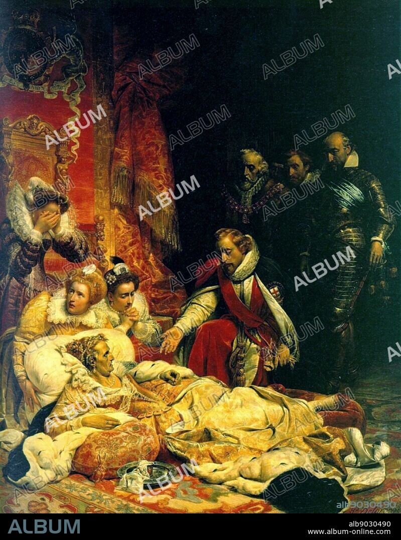 Death of Elizabeth I. Elizabeth I (1533-1603) queen of England and Ireland from 1558. Painting by (Hippolyte) Paul Delaroche (1797-1856) French painter, 1827.