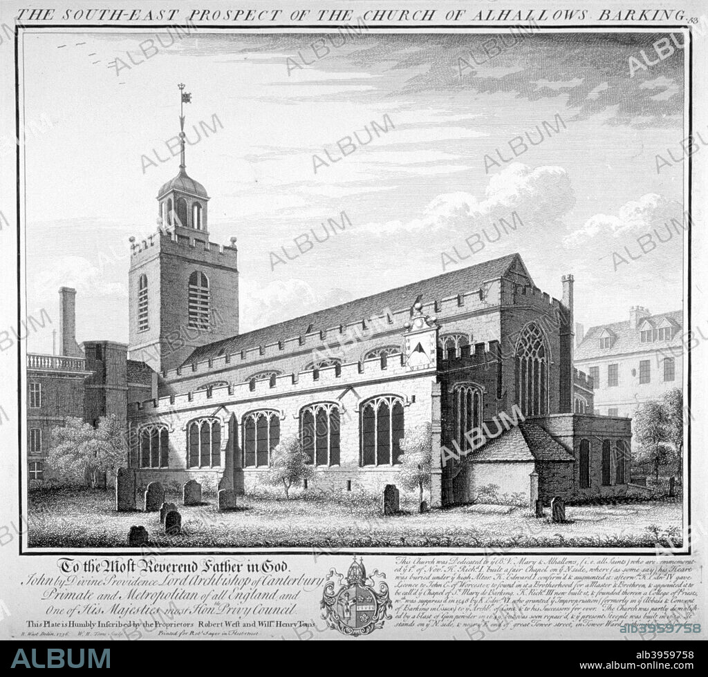 All Hallows-by-the-Tower Church, London, 1736. South-east view of All Hallows Barking (by the Tower), Great Tower Street.