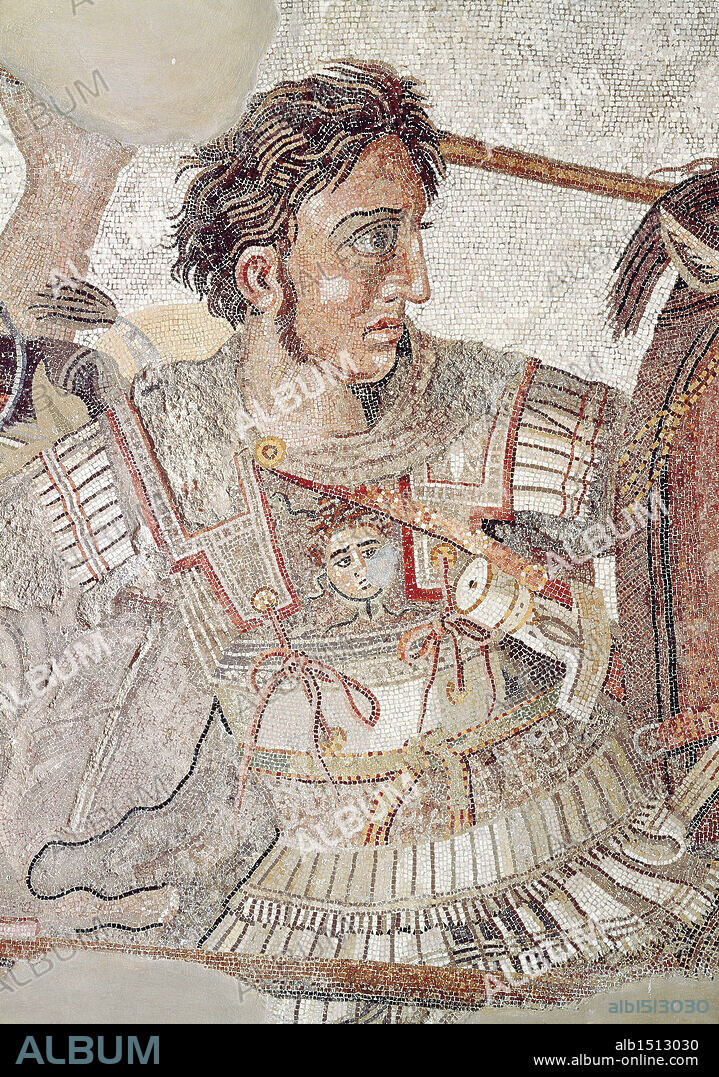 Roman civilization. Mosaic known as 'Alexander Mosaic' and depicting the battle of Issus, 333 b.C., between the armies of Alexander the Great and Darius III of Persia. Copy of a painting of the 4th century b.C. by Philoxenos of Eretria. From the House of the Faun, Pompei, Italy. Detail, Alexander.