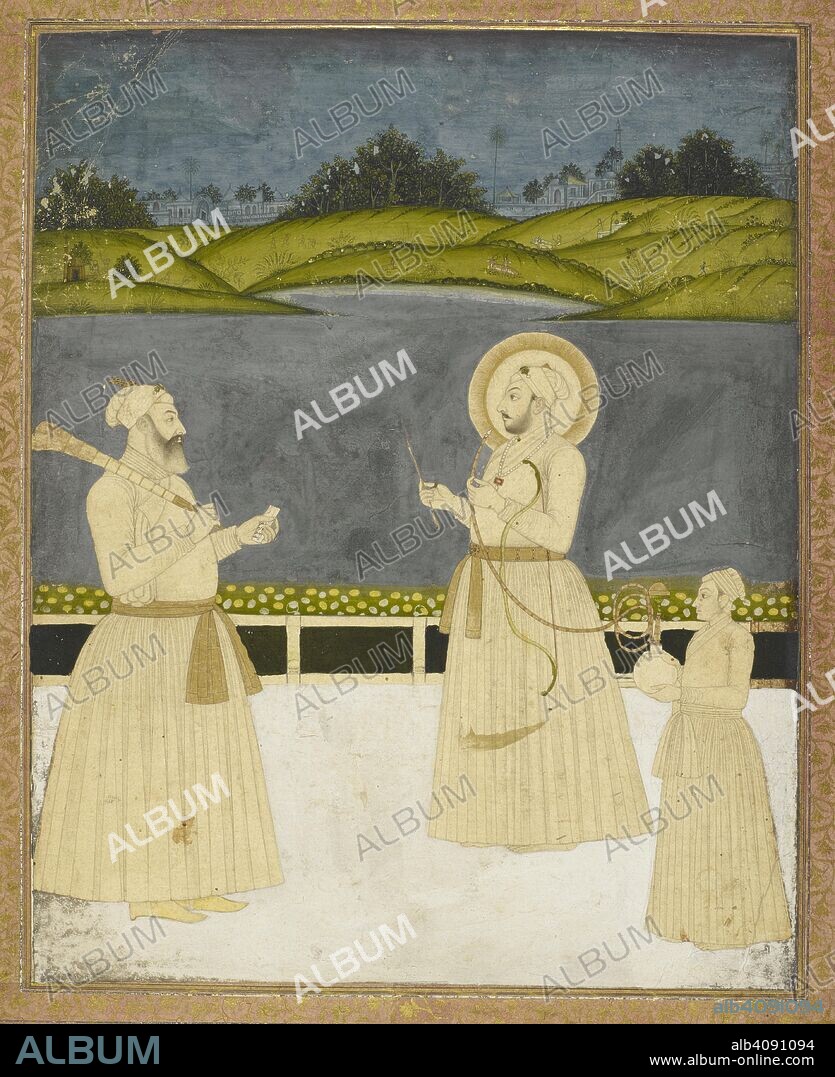ANON. Muhammad Shah (1719-48) stands on a terrace with Nawab Burhan al-Mulk (Sa'adat Khan), founder of the Oudh dynasty, the emperor holding a bow and arrow and the mouthpiece of a hookah borne by a youthful attendant. On the left, Sa'adat Khan is holding a letter in his left hand and a 'morchal' over his right shoulder. There is a river on the far side of the terrace and a verdant landscape beyond. Johnson Collection. 1720 - 1730. Opaque watercolour. Gouache. Source: J.4,4.