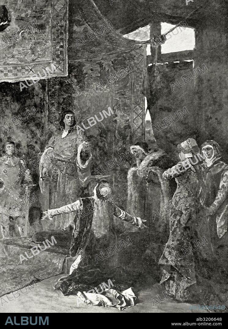 Fernando I de Aragón (1380-1416). Conocido también como Fernando de Trastámara o Fernando de Antequera. Primer rey aragonés de la dinastía castellana de los Trastámara (Compromiso de Caspe). "La condesa d'Urgell en la tienda del rey Fernando I pidiendo piedad para su marido". Grabado del cuadro de Ramón Tusquetsd. La Ilustración Catalana, 1904.