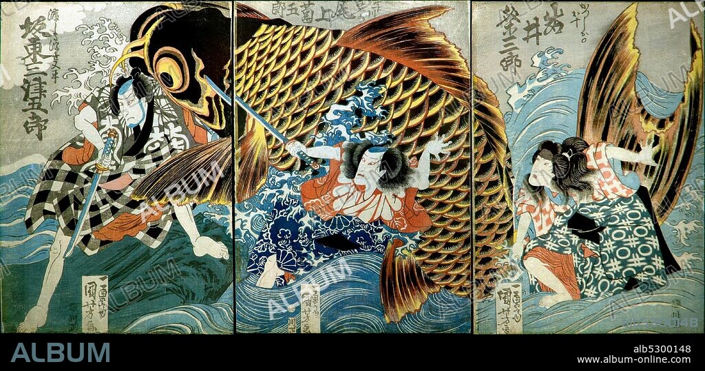 Utagawa Kuniyoshi 1798-1861. Iwai Kumesaburo II as Katsushika no Oju. Onoe Kikugoro III as Kinegawa no Yoemon. and Bando Mitsugoro IV as Ferryman Ukiyo Matabei. about 1832. Oban vertical triptych.