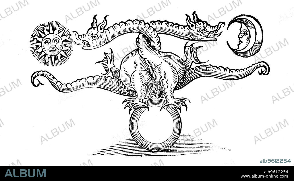 Alchemical symbol representing the transmutation of base metal into silver and gold, 1652. The transmutation of base metal (Earth at bottom) into gold (Sun) and silver (Moon) through the agency of the dragon (mercury - volatility).  From Theatrum Chemicum Britannicum by Elias Ashmole. (London, 1652).