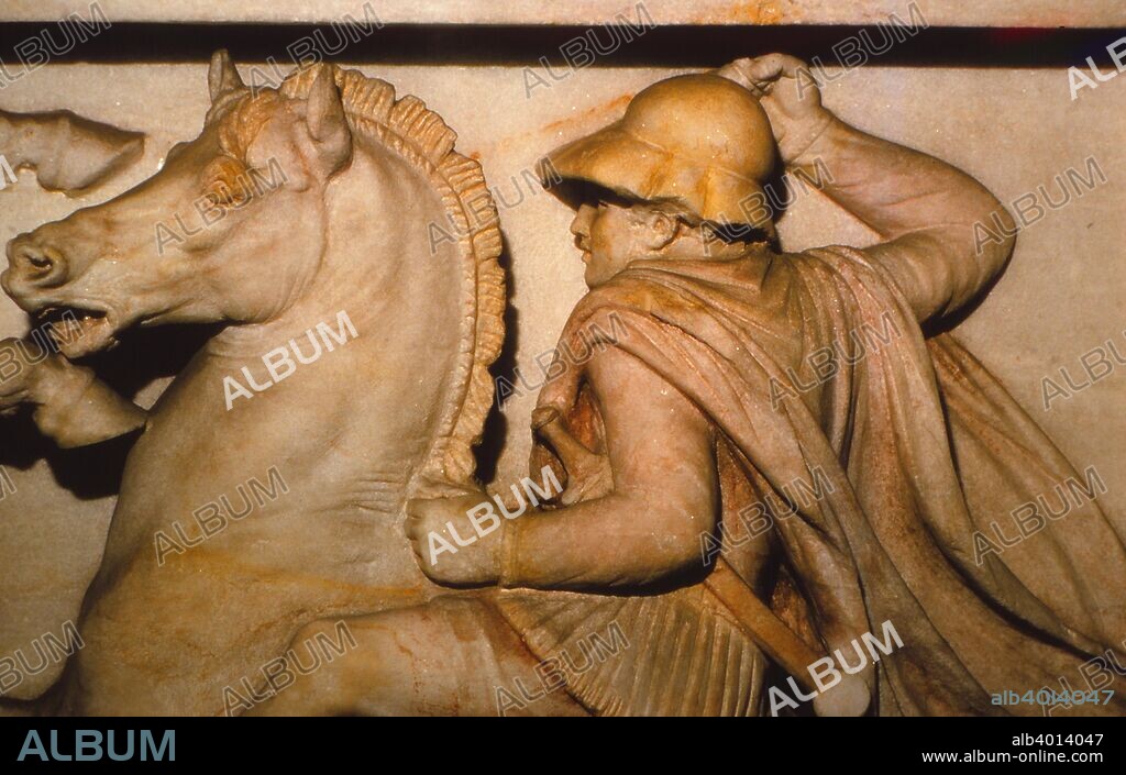 A Macedonian General fighting Persians, 4th century BC. (20th century). Hellenistic stone sarcophagus adorned with bas-relief carvings from the Royal Necropolis, Sidon. Macedonia or Macedon was an ancient kingdom on the northern periphery of Classical Greece. In the wars of Alexander the Great, the Macedonian Empire was the most powerful in the world.