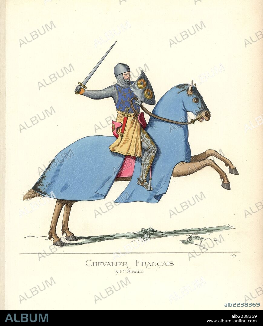 Aimery de Guillaume Berard, French knight, condottiere and commander of the Florentine army at the battle of Campaldino, 1289. He wears a helmet, chainmail suit of armour, tunic with fleurs de lys on blue, cuisses and greaves, shoes and spurs. He is armed with a shield (buckler), sword and dagger called a misericorde. His horse has a blue caparison. Handcoloured illustration drawn and lithographed by Paul Mercuri with text by Camille Bonnard from "Historical Costumes from the 12th to 15th Centuries," Levy Fils, Paris, 1860.