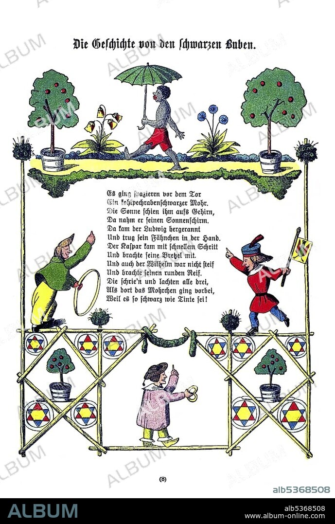 Book illustration, Die Geschichte von den schwarzen Buben, The Story of the Inky Boys, Der Struwwelpeter, Shaggy Peter, Dr. Heinrich Hoffmann, 1876