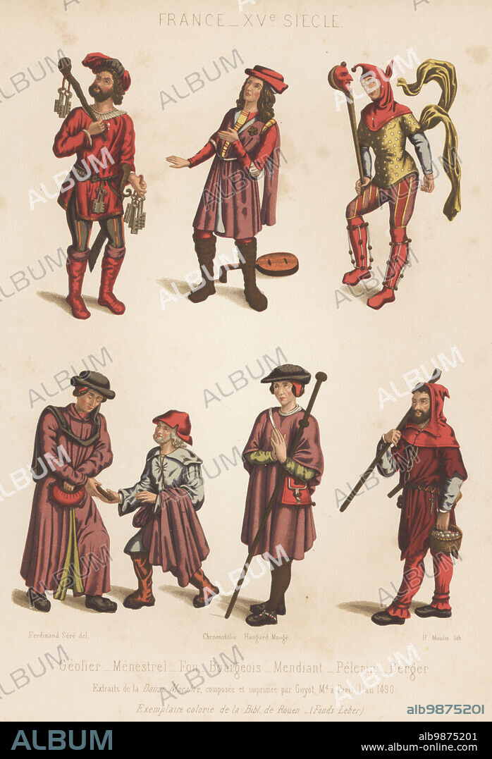 French costumes, 15th century. Gaoler, minstrel, fool, bourgeois, beggar, pilgrim and shepherd. Geolier, menestrel, fou, bourgeois, mendiant, pelerin, berger. XVe siecle. Taken from La Danse Macabre, composed and printed by Guyot, Paris, 1490. Chromolithograph by H. Moulin after an illustration by Ferdinand Sere from Charles Louandres Les Arts Somptuaires, The Sumptuary Arts, Hangard-Mauge, Paris, 1858.