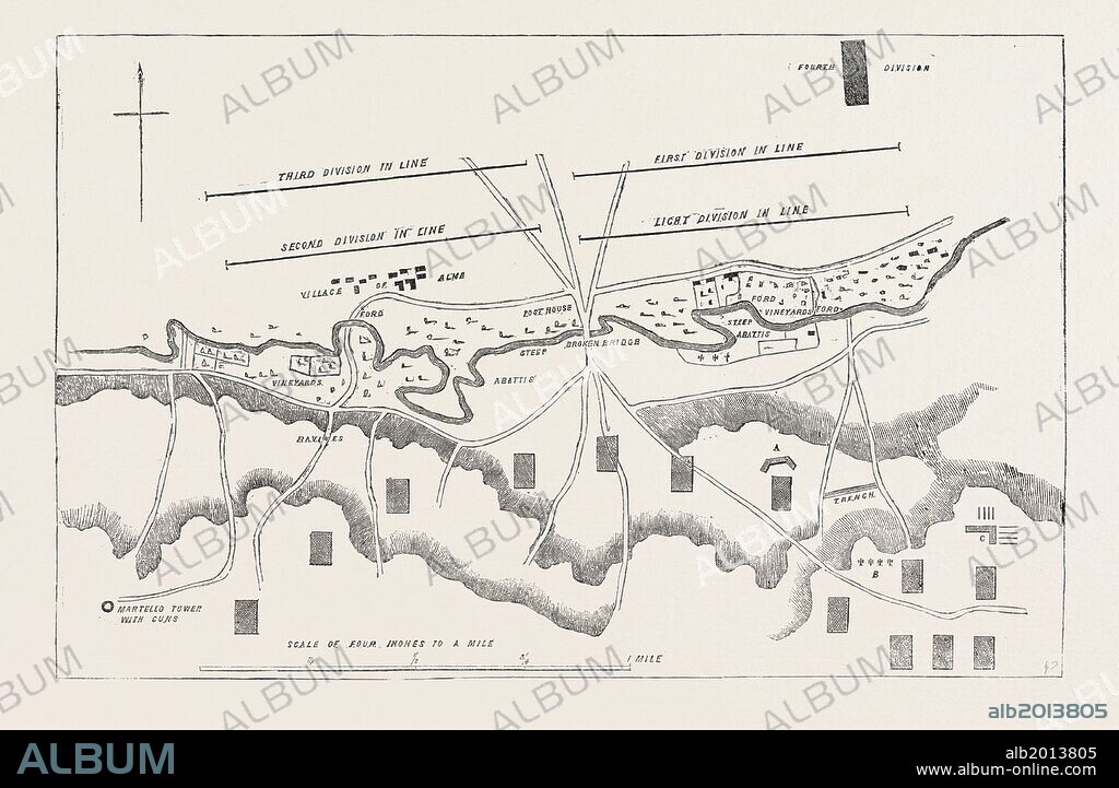 THE CRIMEAN WAR: OFFICIAL PLAN OF THE BATTLE OF THE ALMA, DISTRIBUTION OF THE BRITISH TROOPS AT THE COMMENCEMENT OF THE ACTION, 1854.