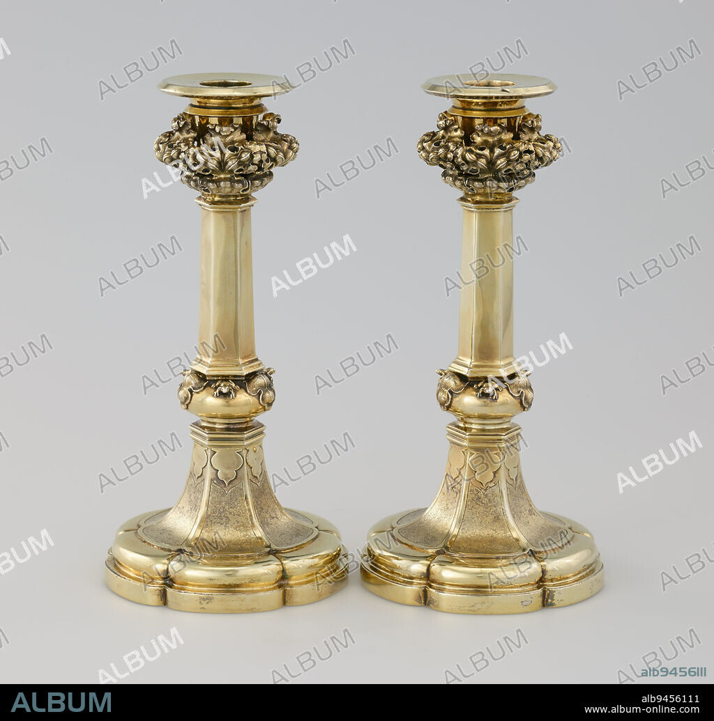 Candlestick, one of a pair, 1824-1825, Rundell, Bridge & Rundell; Designer: John Flaxman R.A., British, 17551826, 10 1/4 × 5 1/16 × 5 1/16 in. (26 × 12.86 × 12.86 cm), Silver gilt, England, 19th century.