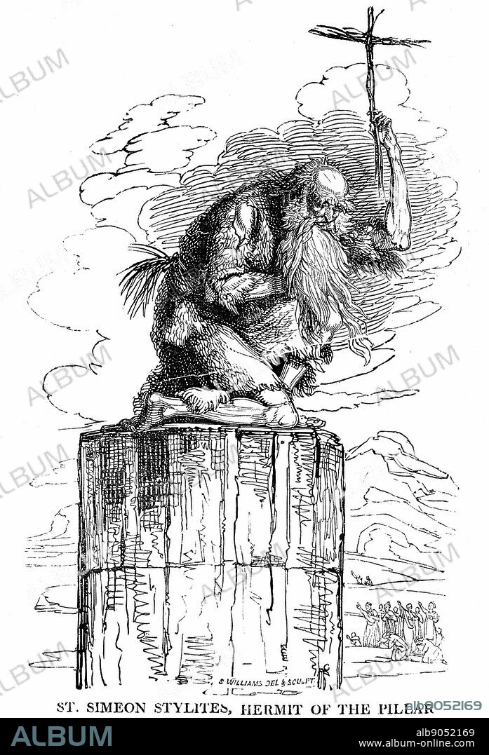 St Simeon (Simon) Stylites (387-459) Hermit of the Pillar. Syrian pillar-saint. 7 years self-imposed solitude in Syrian monastery, then spent 30 years on top of a 72ft pillar preaching to the crowds. Woodcut published London 1825.