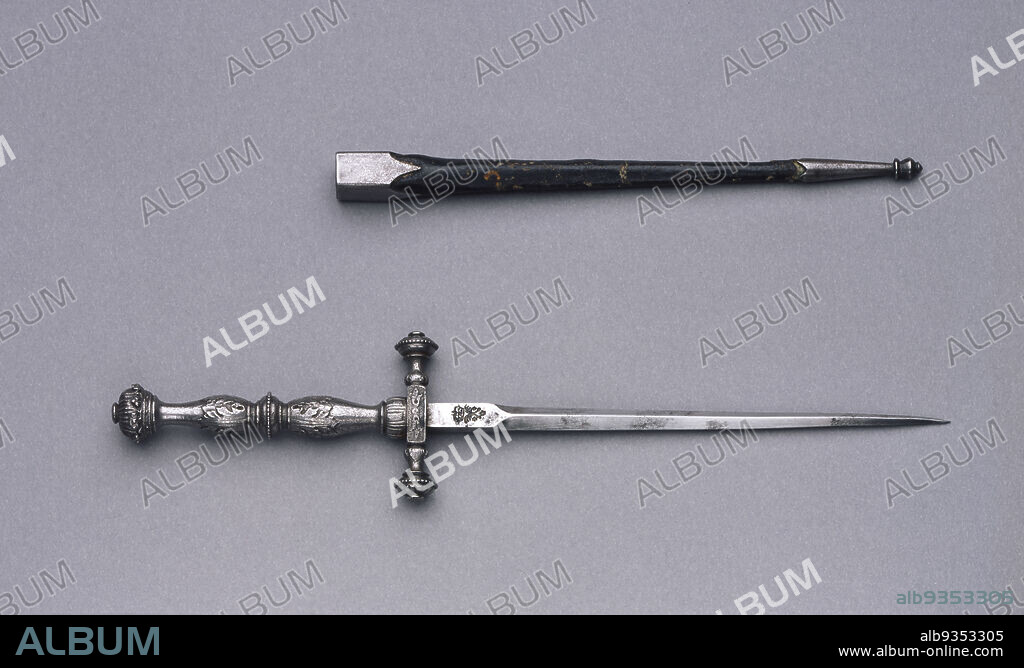 Stiletto with Sheath, French, 16501700, Steel, leather, and iron, Made in Saint Étienne, Provence-Alpes-Côte d'Azur, France, Europe, Arms & armor, metalwork, blade: 8 3/8 x 1 3/4 x 1 3/4 in. (21.3 x 4.4 x 4.4 cm).