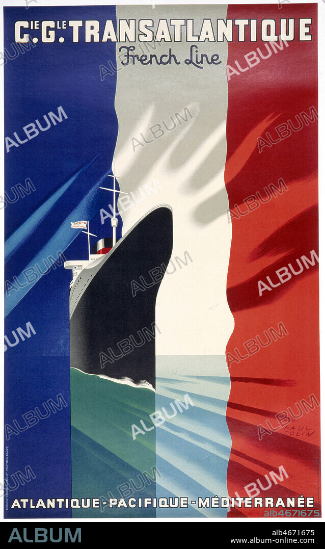 Affiche de tourisme de 1937 de la compagnie maritime CGT (Compagnie Generale Transatlantique): 'French Line, atlantique Pacifique Mediterranee' . (ATTENTION: Droits supplementaires a verser pour les marques FrenchLines/MessageriesMarit et CGL: M. Aymeric PERROY , assoc French Lines : aymeric.perroy@frenchlines.com ;tarif autour de 100¤/1/4p ) .. Lithographie Paul COLIN (1892-1986) ADAGP. Credit: Coll. Galdoc-Grob/KHARBINE-TAPABOR.