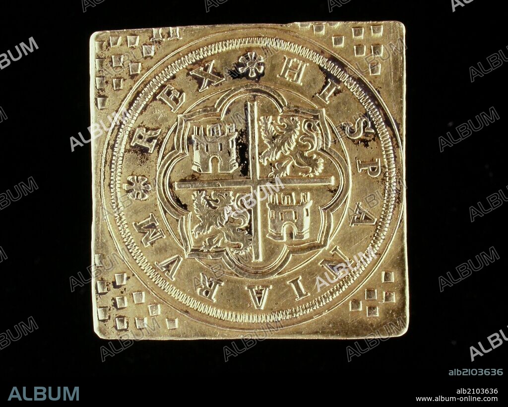 NUMISMATICA. MONEDA MODERNA. ESCUDO DE ORO, DE FELIPE II. REVERSO. CRUZ EQUILATERAL DENTRO DE OCHO SEMICIRCULOS CON CASTILLOS Y LEON. 1590. (DEPOSITO: MUSEO ARQUEOLOGICO NACIONAL).