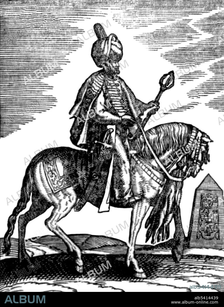 A commander (Aga) of the Janissaries leads his warriors into battle. The Ottomans were one of the first states to maintain a standing army in Europe since the Roman Empire. The force originated in the 14th century; it was abolished by Sultan Mahmud II in 1826. The Janissaries were elite infantry units that formed the Sultan's household troops and bodyguards. They began as an elite corps of slaves recruited from Christian boys, and became famed for their cohesion, strict discipline and order. They were taught to consider the corps as their home and family, and the Sultan as their father. No artist credited, cropped and cleaned, 1685.
