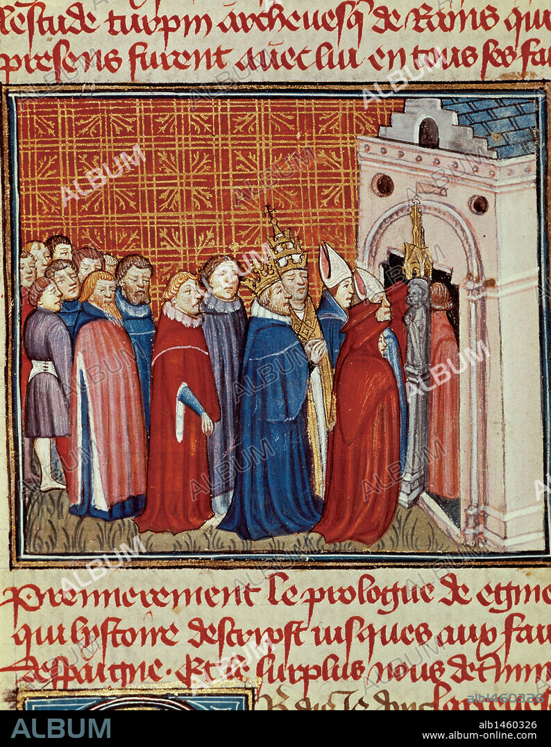 CARLOMAGNO (742-Aquisgrán, 814). Rey de los francos (768-814), de los lombardos (774-814), y emperador del imperio romano de occidente (800-814). "CARLOMAGNO, CORONADO EMPERADOR DE OCCIDENTE, ENTRA EN UNA IGLESIA SEGUIDO DE PRELADOS". Miniatura de las "Grandes Crónicas de Francia". S. XIV. Museo Goya. Castres. Francia.