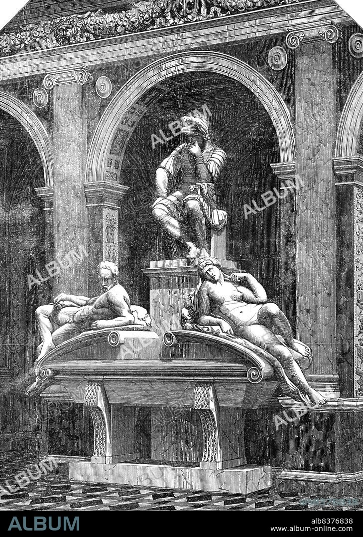 The Monument of Lorenzo de Medici, by Michael Angelo, in the Italian Court, at the Crystal Palace, 1854. Renaissance sculpture in south London. A replica of '...the celebrated Monument of Lorenzo de Medici, by Michael Angelo, from the famous Capella dei Medici, attached to the Church of San Lorenzo, at Florence...the statue of Lorenzo himself has received from the Italians - ever quick at comprehending the artist's meaning - the name of "II Pensiero," Thought...The reclining statues on the pediment are called Twilight and Dawn...the Aurora or Dawn is represented by a female figure of great power...The figures...are unfinished; "but," says Forsyth, "so sacred is the terror of Michael's genius, that these statues remain untouched and inviolate, in the midst of restorers who are daily trifling with the sculpture of antiquity"'. From "Illustrated London News", 1854.