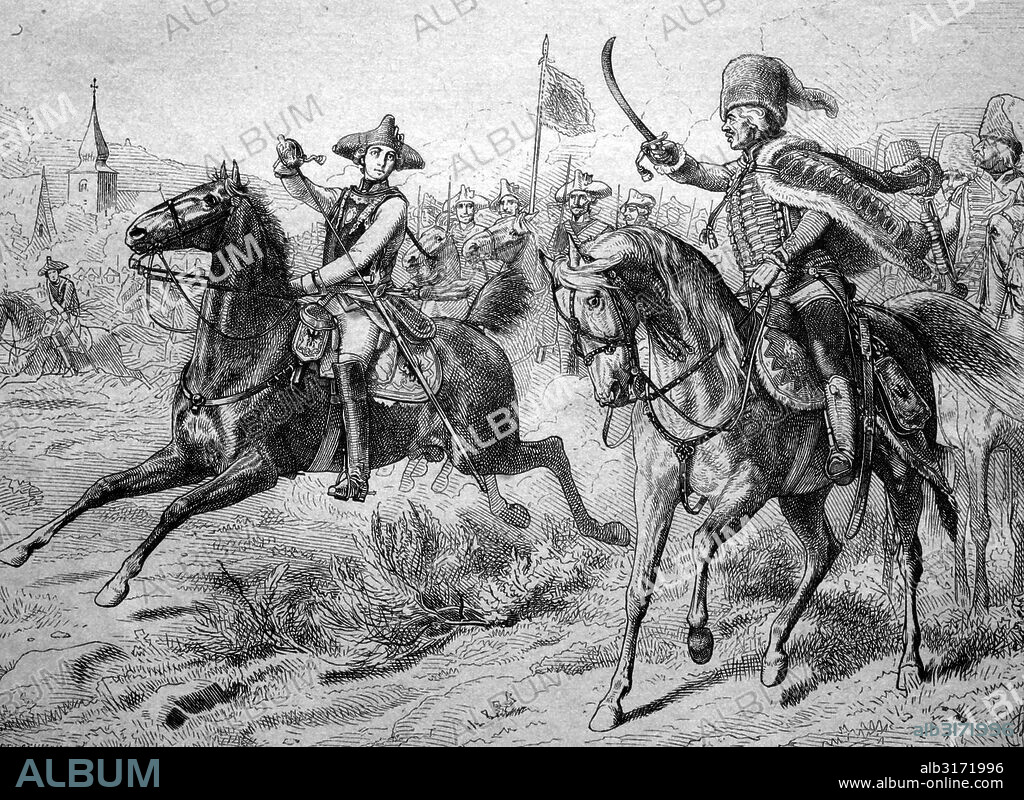 Friedrich wilhelm von seydlitz (1721-1773), and hans joachim von zieten (1699-1786), in combat, historical illustration, circa 1886.