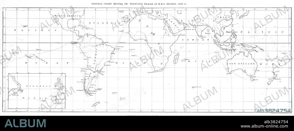 Map charting the voyage of H.M.S. Beagle, 1831-6. From the appendix to the narrative of the surveying voyages of His Majesty's ships Adventure and Beagle, between the years 1826 and 1836, describing their examination of the Southern shores of South America, and the Beagle's circumnavigation of the globe, edited by R. Fitzroy and published in 1839. The Beagle carried Charles Darwin during the voyage that inspired his theory of evolution. Charles Darwin (1809-1882) was an English naturalist and geologist. He established that all species of life have descended over time from common ancestors, and in a joint publication with Alfred Russel Wallace introduced his scientific theory that this branching pattern of evolution resulted from a process that he called natural selection, in which the struggle for existence has a similar effect to the artificial selection involved in selective breeding.