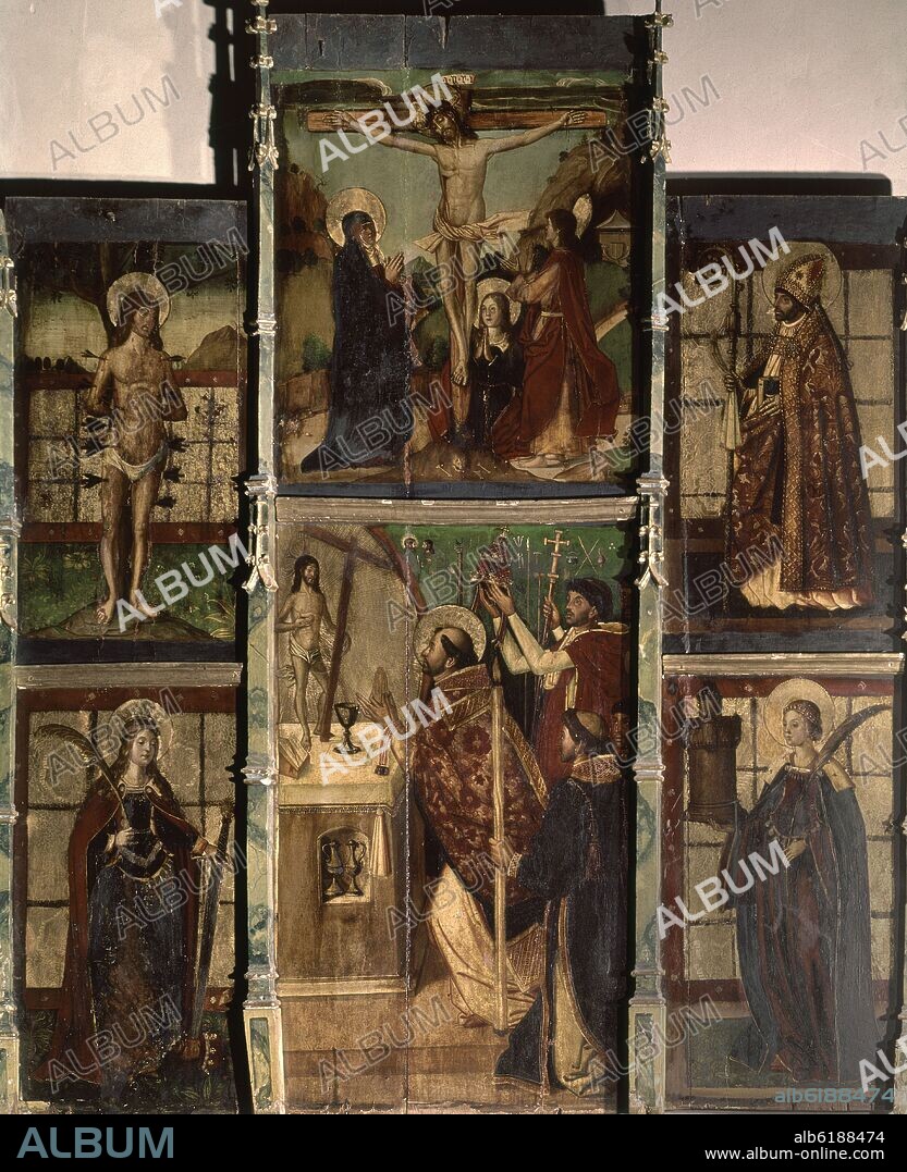 PEDRO BERRUGUETE (1450-1504). RETABLO RENACENTISTA - SIGLO XVI -  CRUCIFICION, MISA DE SAN GREGORIO, SAN BLAS, SANTA BARBARA, SAN SEBASTIAN Y SANTA CATALINA.