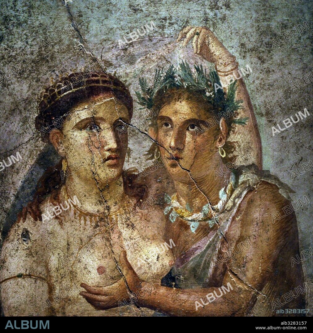 Fresco romano. Sátiro que abraza a una Ménade. Procedente de la casa de L. Cecilio Giocondo, Pompeya. 1-50 d. C. Gabinete Secreto. Museo Arqueológico Nacional. Nápoles. Italia.