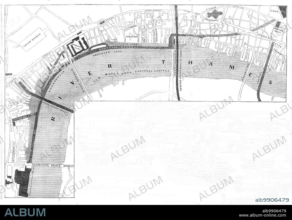 Plan of the proposed Thames Embankment, [London], 1861. Map showing '...plans for embanking the River Thames within the metropolis, so as to provide with the greatest efficiency and economy for the relief of the most crowded streets, by the establishment of a new and spacious thoroughfare, for the improvement of the navigation of the river, and which will afford an opportunity of making the low-level sewer without disturbing the Strand or Fleet-street, and also to report upon the cost and means of carrying the same into execution'. From "Illustrated London News", 1861.