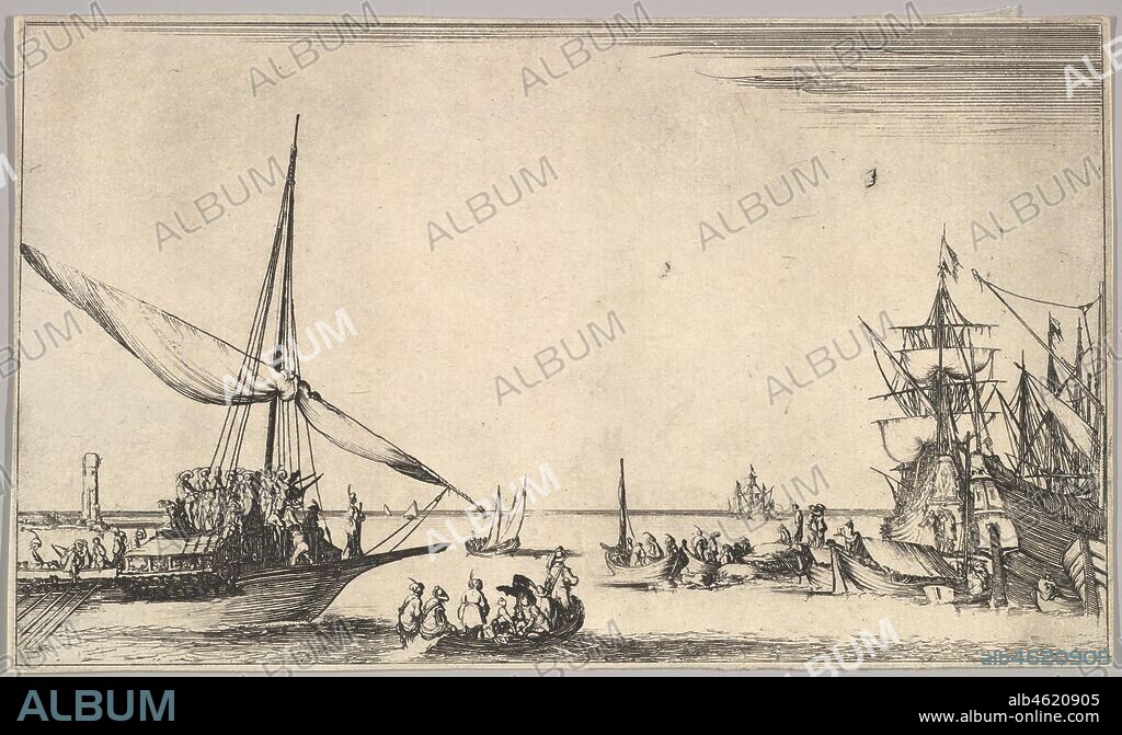 STEFANO DELLA BELLA. A galley arriving at port to left, several rowboats in center, ships at port to right, from 'Set of eight nautical landscapes' (Suite de huit Marines), 1639.